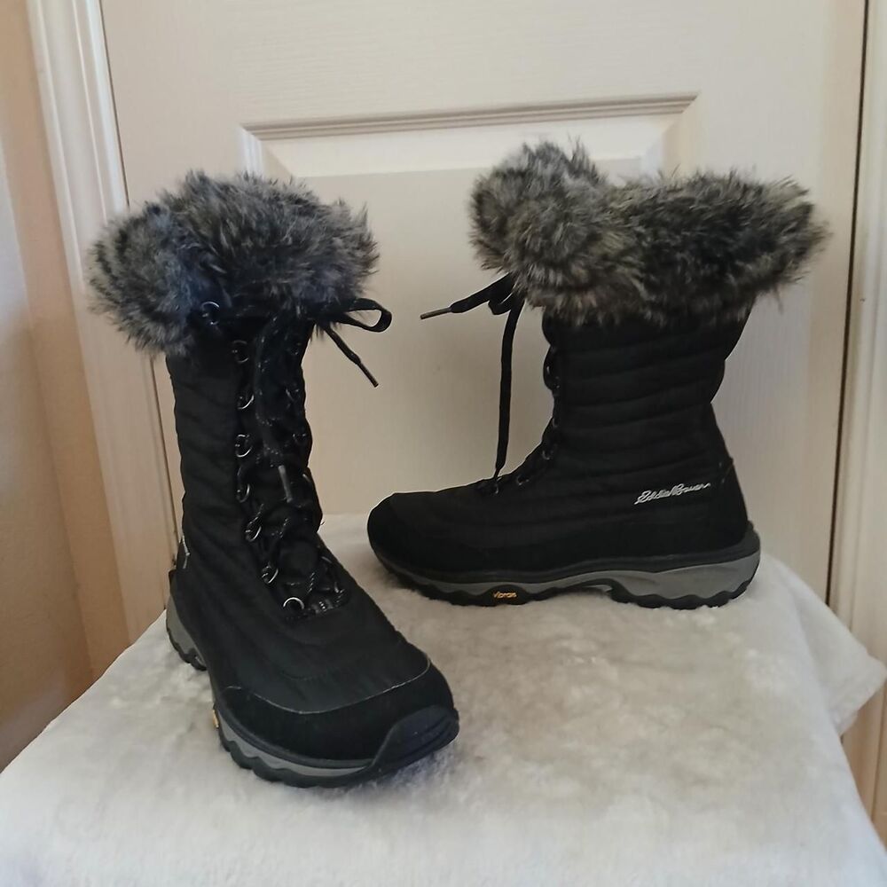 Eddie Bauer Quilted Black Faux Fur Winter Boots 10 Minimalist Gorpcore Preppy